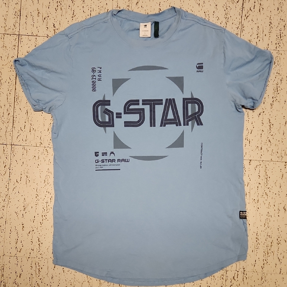 G-Star Baby Blue Lash Graphic Raw Big Spellout Logo Short Sleeve T Shirt